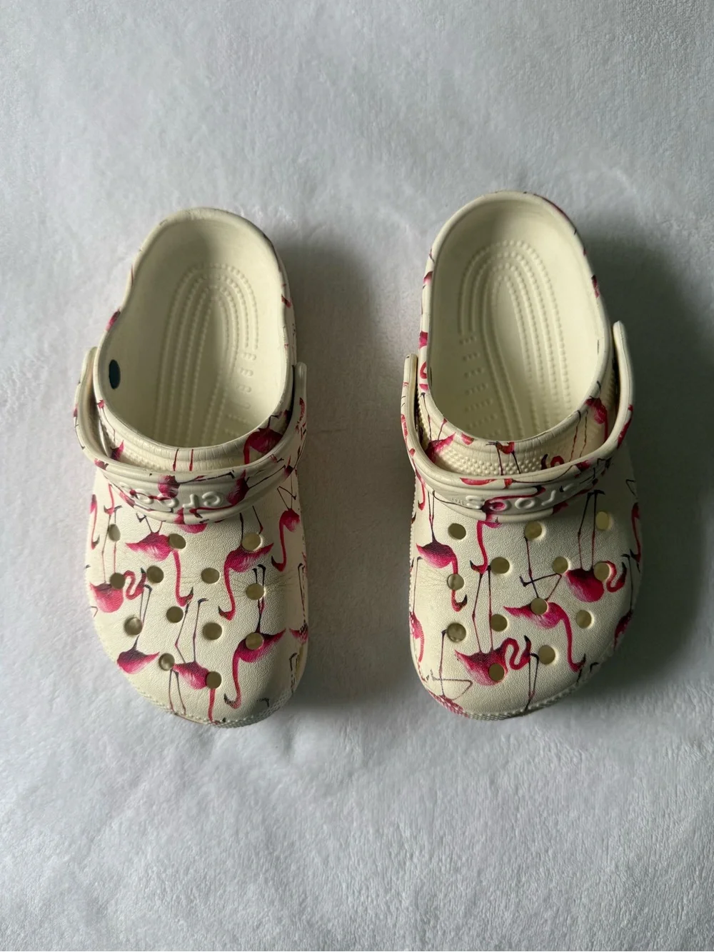 CROCS Kids Cream Clog Sandals with Pink Flamingo Print
